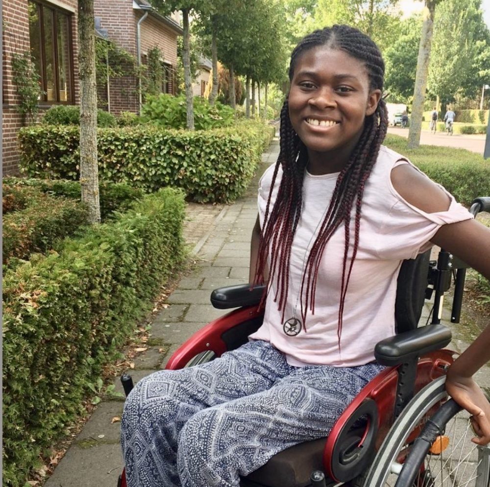 The Wheelchair Teen in her wheelchair.