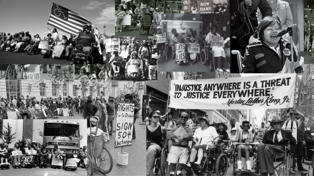 A collage of photos of protests during the Disability rights movement