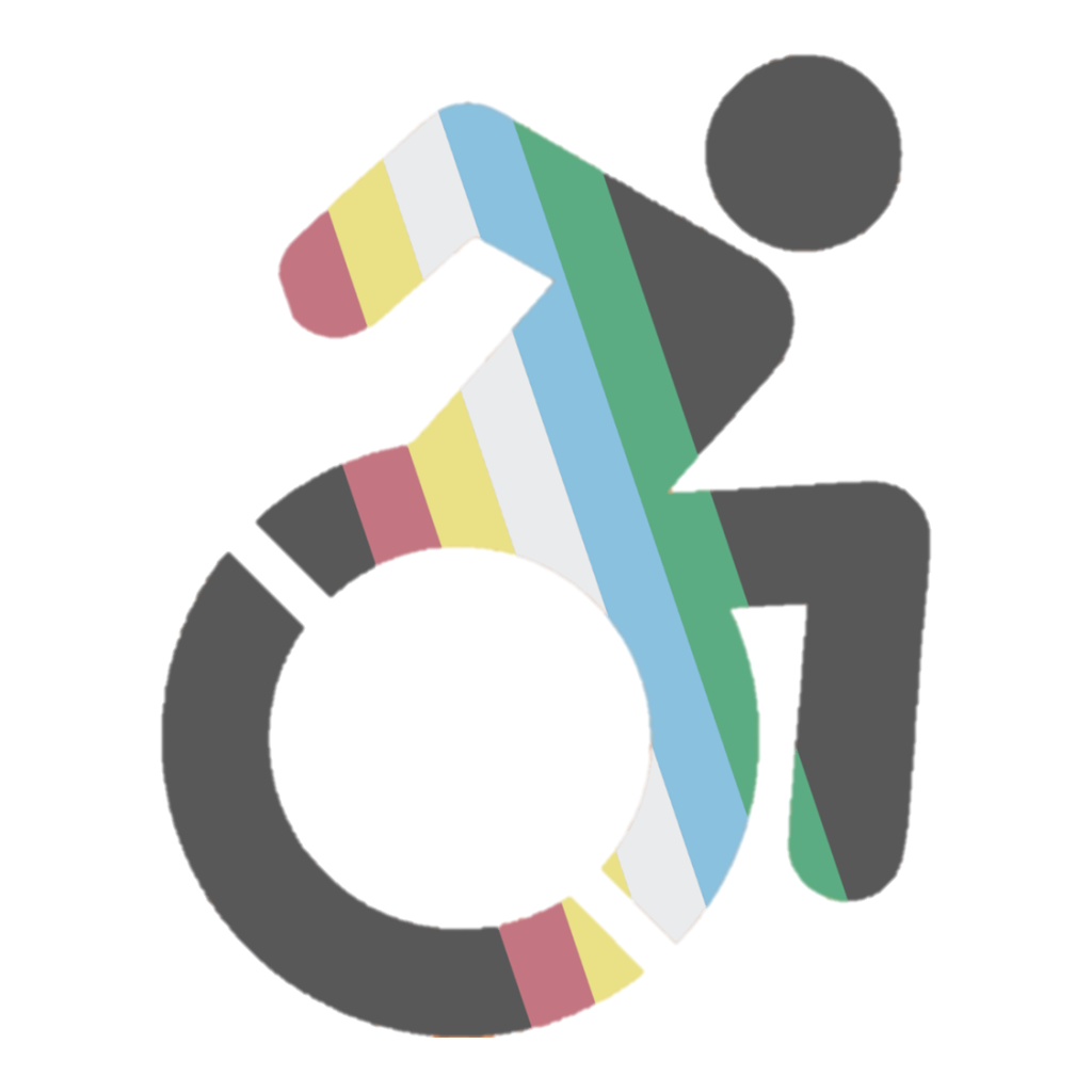 Plain logo of a person in a wheelchair in  an action pose but the logo has been filled with the colourful stripes of the Disability Pride flag.