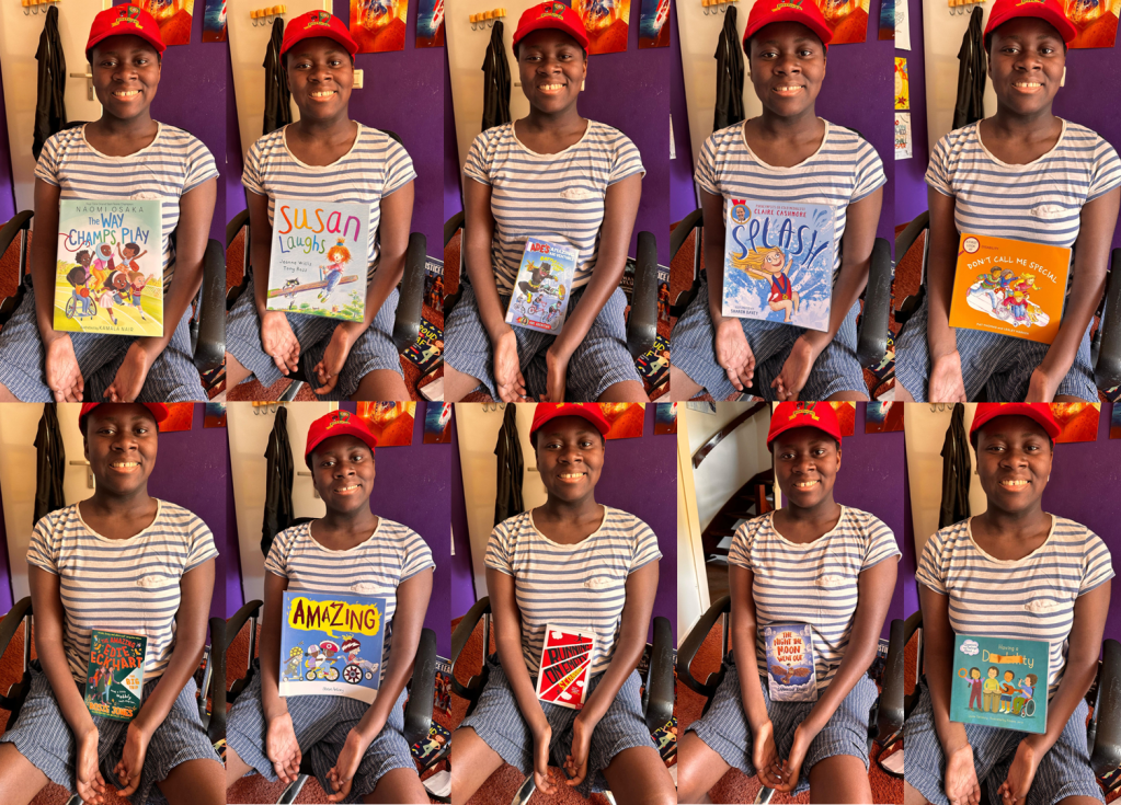 This picture is five pictures of me all put together. I'm holding a different Disability children's book in each one but still wearing the same clothes and sitting in the same spot in my room. 