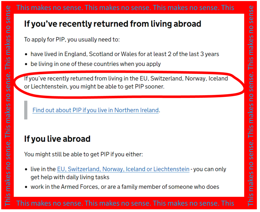 A screenshot of the PIP website. The part where it says: "If you’ve recently returned from living in the EU, Switzerland, Norway, Iceland or Liechtenstein, you might be able to get PIP sooner." is circled in red.